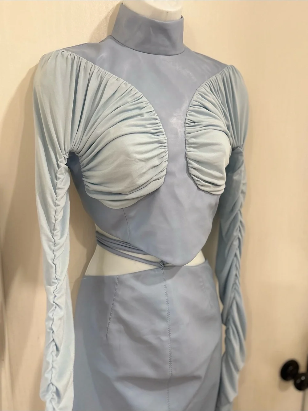 Women’s Light Blue Faux Leather Skirt Set with High Slit with matching top